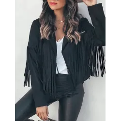 Solid Color Split-Joint Tasseled Long Sleeves Notched Collar Jackets