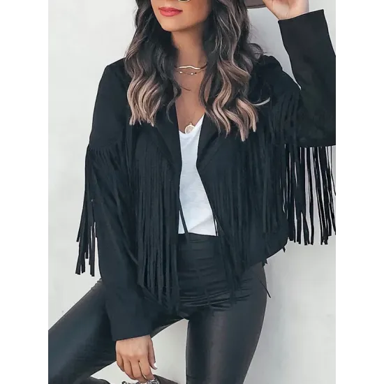Solid Color Split-Joint Tasseled Long Sleeves Notched Collar Jackets Solid Color Split-Joint Tasseled Long Sleeves Notched Collar Jackets