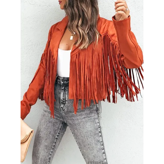 Solid Color Split-Joint Tasseled Long Sleeves Notched Collar Jackets Solid Color Split-Joint Tasseled Long Sleeves Notched Collar Jackets