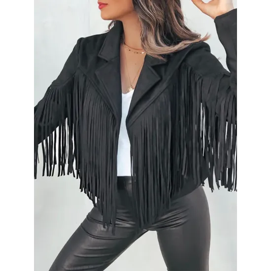 Solid Color Split-Joint Tasseled Long Sleeves Notched Collar Jackets Solid Color Split-Joint Tasseled Long Sleeves Notched Collar Jackets