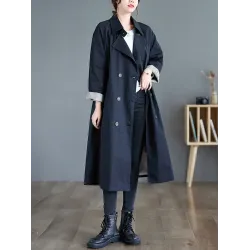 Buttoned Pockets Long Sleeves Loose Notched Collar Trench Coats