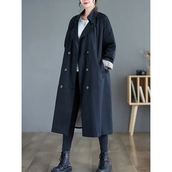 Buttoned Pockets Long Sleeves Loose Notched Collar Trench Coats Buttoned Pockets Long Sleeves Loose Notched Collar Trench Coats
