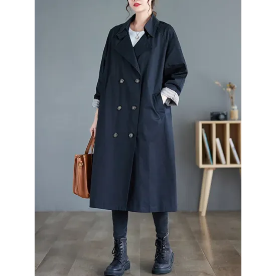 Buttoned Pockets Long Sleeves Loose Notched Collar Trench Coats Buttoned Pockets Long Sleeves Loose Notched Collar Trench Coats