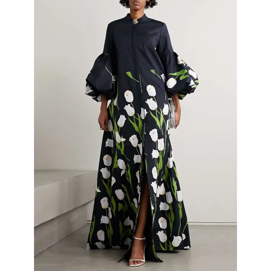 Long Sleeves Loose Floral Floral Printed Pleated Split-Joint Stand Collar Trench Coats Long Sleeves Loose Floral Floral Printed Pleated Split-Joint Stand Collar Trench Coats