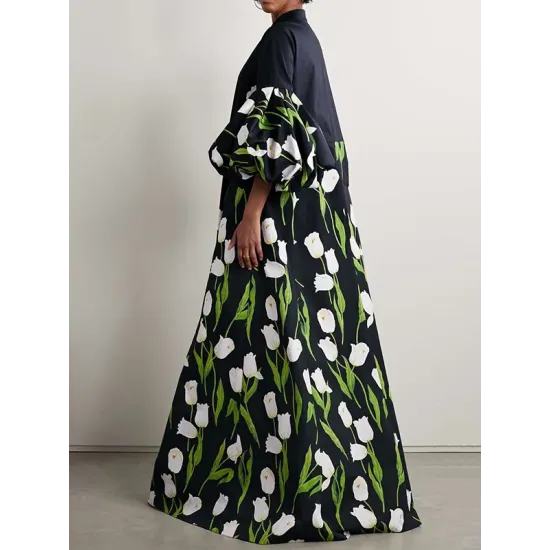 Long Sleeves Loose Floral Floral Printed Pleated Split-Joint Stand Collar Trench Coats Long Sleeves Loose Floral Floral Printed Pleated Split-Joint Stand Collar Trench Coats