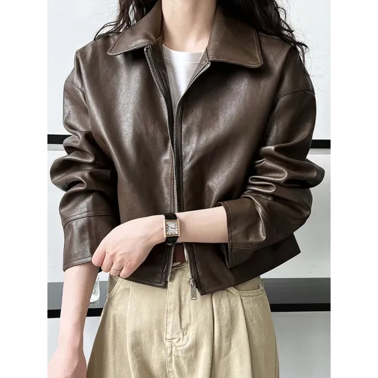 Solid Color Zipper Long Sleeves Loose Lapel Collar Outerwear Jackets&Coats Solid Color Zipper Long Sleeves Loose Lapel Collar Outerwear Jackets&Coats