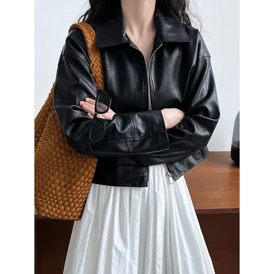 Solid Color Zipper Long Sleeves Loose Lapel Collar Outerwear Jackets&Coats Solid Color Zipper Long Sleeves Loose Lapel Collar Outerwear Jackets&Coats
