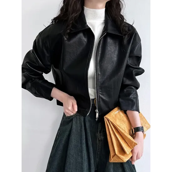 Solid Color Zipper Long Sleeves Loose Lapel Collar Outerwear Jackets&Coats Solid Color Zipper Long Sleeves Loose Lapel Collar Outerwear Jackets&Coats