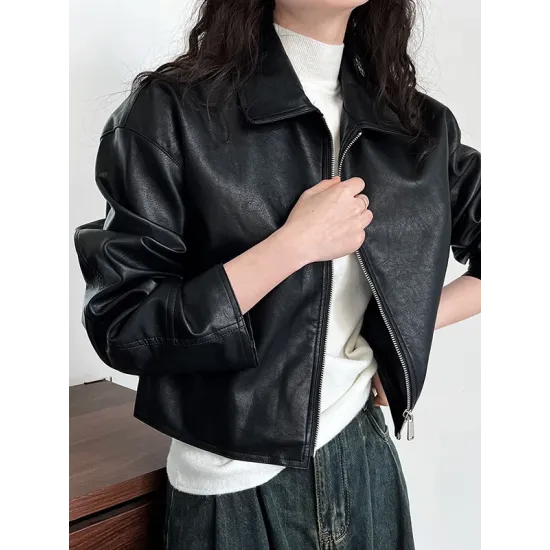 Solid Color Zipper Long Sleeves Loose Lapel Collar Outerwear Jackets&Coats Solid Color Zipper Long Sleeves Loose Lapel Collar Outerwear Jackets&Coats