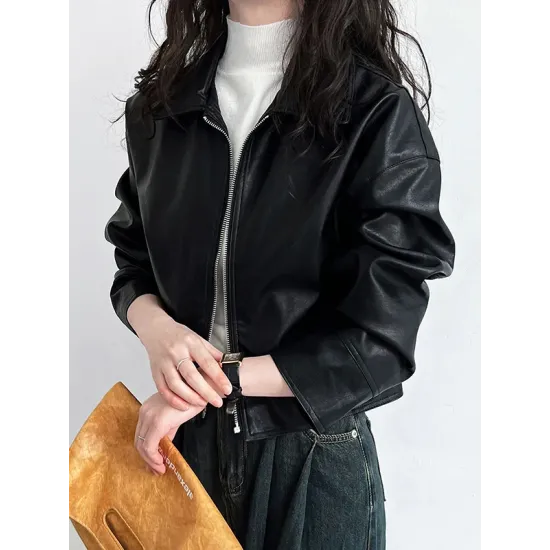 Solid Color Zipper Long Sleeves Loose Lapel Collar Outerwear Jackets&Coats Solid Color Zipper Long Sleeves Loose Lapel Collar Outerwear Jackets&Coats