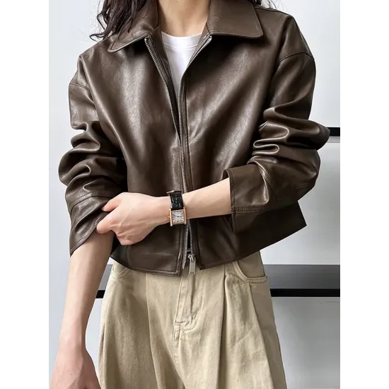 Solid Color Zipper Long Sleeves Loose Lapel Collar Outerwear Jackets&Coats Solid Color Zipper Long Sleeves Loose Lapel Collar Outerwear Jackets&Coats