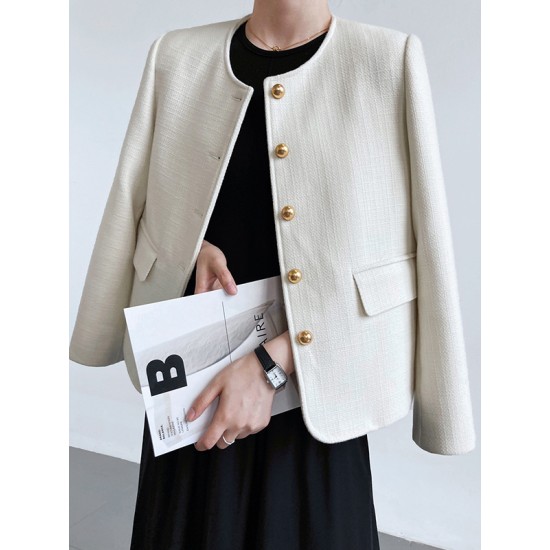 Buttoned Solid Color Long Sleeves Loose Round-Neck Outerwear Buttoned Solid Color Long Sleeves Loose Round-Neck Outerwear