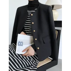 Buttoned Solid Color Long Sleeves Loose Round-Neck Outerwear