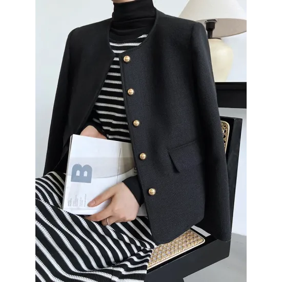 Buttoned Solid Color Long Sleeves Loose Round-Neck Outerwear Buttoned Solid Color Long Sleeves Loose Round-Neck Outerwear