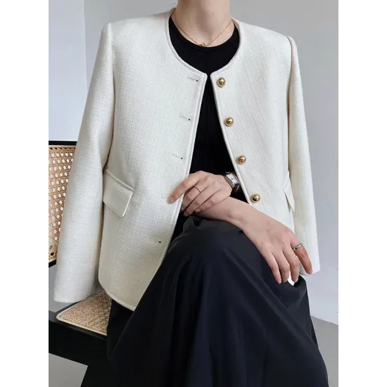 Buttoned Solid Color Long Sleeves Loose Round-Neck Outerwear Buttoned Solid Color Long Sleeves Loose Round-Neck Outerwear