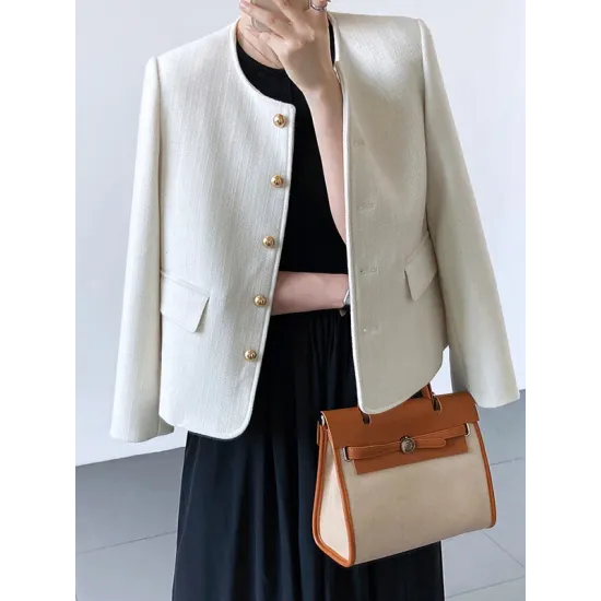 Buttoned Solid Color Long Sleeves Loose Round-Neck Outerwear Buttoned Solid Color Long Sleeves Loose Round-Neck Outerwear