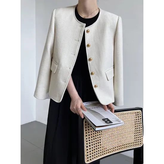 Buttoned Solid Color Long Sleeves Loose Round-Neck Outerwear Buttoned Solid Color Long Sleeves Loose Round-Neck Outerwear