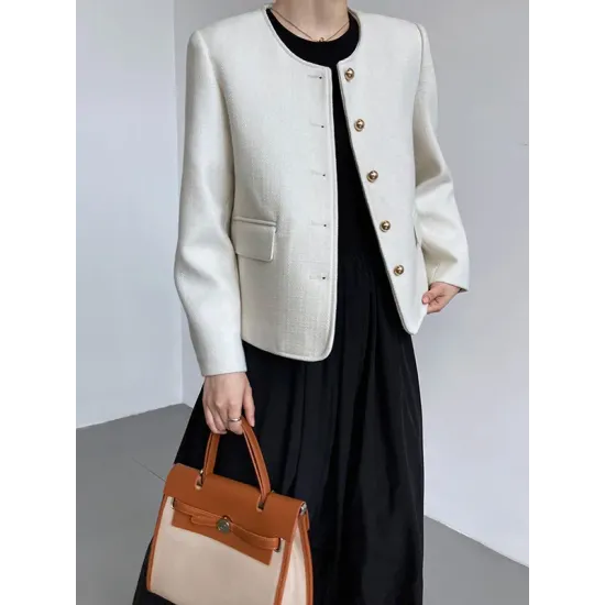 Buttoned Solid Color Long Sleeves Loose Round-Neck Outerwear Buttoned Solid Color Long Sleeves Loose Round-Neck Outerwear