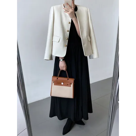Buttoned Solid Color Long Sleeves Loose Round-Neck Outerwear Buttoned Solid Color Long Sleeves Loose Round-Neck Outerwear