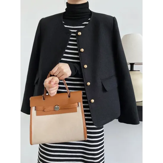 Buttoned Solid Color Long Sleeves Loose Round-Neck Outerwear Buttoned Solid Color Long Sleeves Loose Round-Neck Outerwear