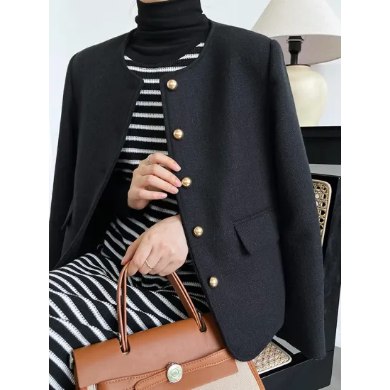 Buttoned Solid Color Long Sleeves Loose Round-Neck Outerwear Buttoned Solid Color Long Sleeves Loose Round-Neck Outerwear