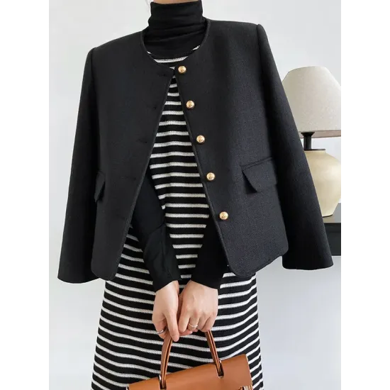 Buttoned Solid Color Long Sleeves Loose Round-Neck Outerwear Buttoned Solid Color Long Sleeves Loose Round-Neck Outerwear