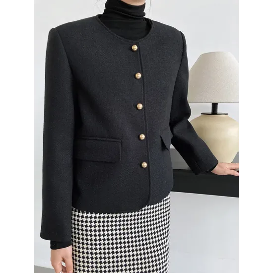 Buttoned Solid Color Long Sleeves Loose Round-Neck Outerwear Buttoned Solid Color Long Sleeves Loose Round-Neck Outerwear