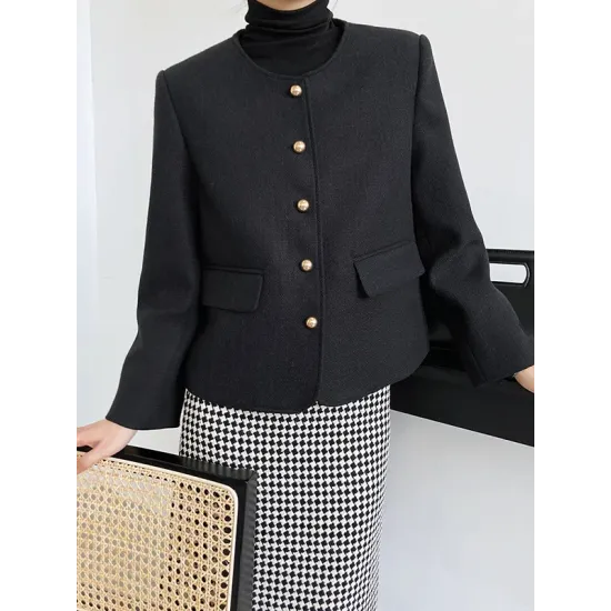 Buttoned Solid Color Long Sleeves Loose Round-Neck Outerwear Buttoned Solid Color Long Sleeves Loose Round-Neck Outerwear