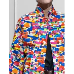 Loose Three-Quarter Sleeves Contrast Color Printed Lapel Collar Outerwear