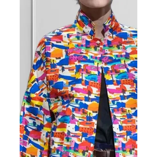 Loose Three-Quarter Sleeves Contrast Color Printed Lapel Collar Outerwear Loose Three-Quarter Sleeves Contrast Color Printed Lapel Collar Outerwear