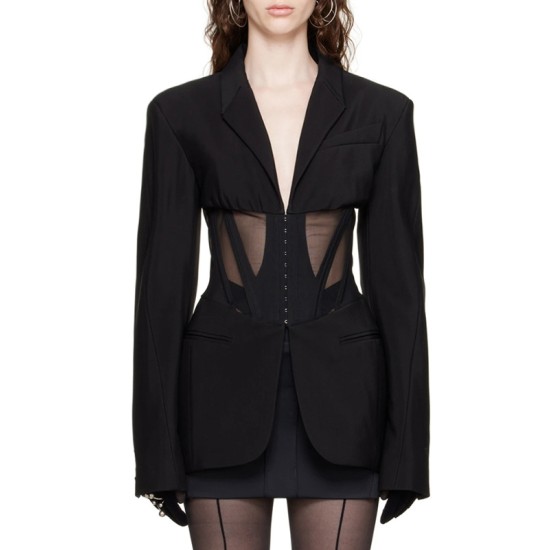 Buckle Gauze See-Through Solid Color Split-Joint Long Sleeves Notched Collar Blazer Buckle Gauze See-Through Solid Color Split-Joint Long Sleeves Notched Collar Blazer