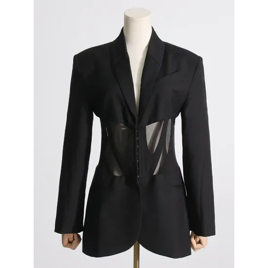 Buckle Gauze See-Through Solid Color Split-Joint Long Sleeves Notched Collar Blazer Buckle Gauze See-Through Solid Color Split-Joint Long Sleeves Notched Collar Blazer