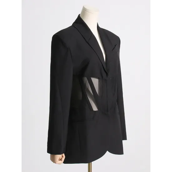 Buckle Gauze See-Through Solid Color Split-Joint Long Sleeves Notched Collar Blazer Buckle Gauze See-Through Solid Color Split-Joint Long Sleeves Notched Collar Blazer