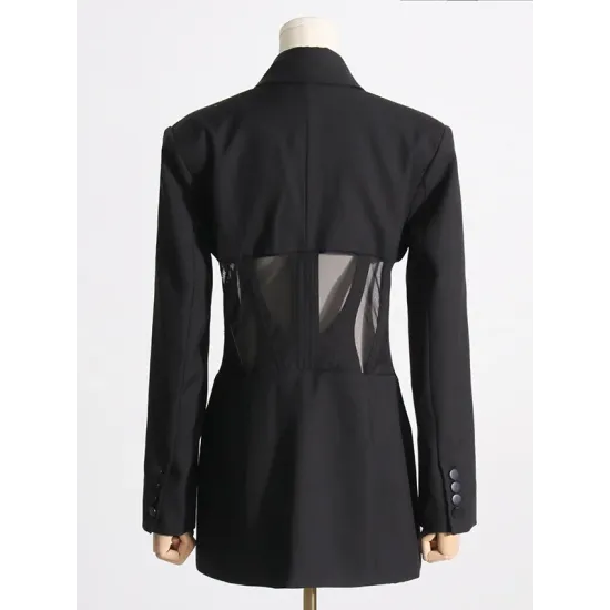 Buckle Gauze See-Through Solid Color Split-Joint Long Sleeves Notched Collar Blazer Buckle Gauze See-Through Solid Color Split-Joint Long Sleeves Notched Collar Blazer