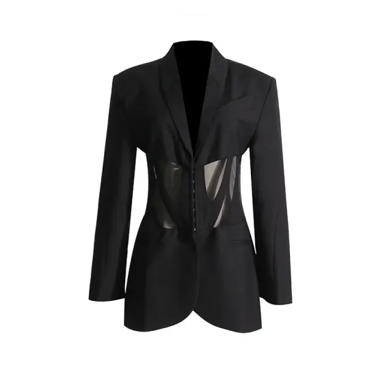 Buckle Gauze See-Through Solid Color Split-Joint Long Sleeves Notched Collar Blazer Buckle Gauze See-Through Solid Color Split-Joint Long Sleeves Notched Collar Blazer