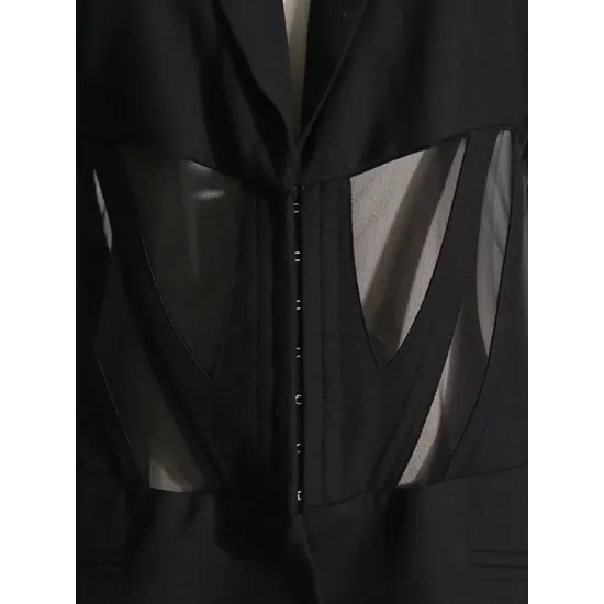 Buckle Gauze See-Through Solid Color Split-Joint Long Sleeves Notched Collar Blazer Buckle Gauze See-Through Solid Color Split-Joint Long Sleeves Notched Collar Blazer