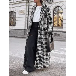 Houndstooth Split-back Split-Joint Tied Waist Long Sleeves Loose Lapel Trench Coats