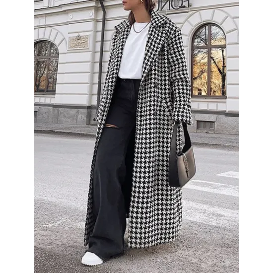 Houndstooth Split-back Split-Joint Tied Waist Long Sleeves Loose Lapel Trench Coats Houndstooth Split-back Split-Joint Tied Waist Long Sleeves Loose Lapel Trench Coats