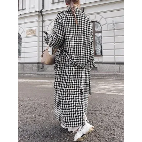 Houndstooth Split-back Split-Joint Tied Waist Long Sleeves Loose Lapel Trench Coats Houndstooth Split-back Split-Joint Tied Waist Long Sleeves Loose Lapel Trench Coats