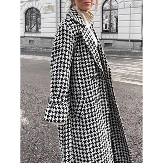 Houndstooth Split-back Split-Joint Tied Waist Long Sleeves Loose Lapel Trench Coats Houndstooth Split-back Split-Joint Tied Waist Long Sleeves Loose Lapel Trench Coats