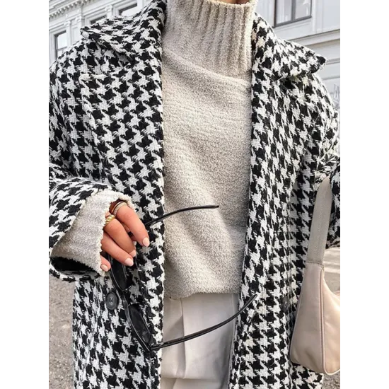 Houndstooth Split-back Split-Joint Tied Waist Long Sleeves Loose Lapel Trench Coats Houndstooth Split-back Split-Joint Tied Waist Long Sleeves Loose Lapel Trench Coats