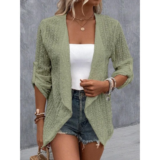 Buttoned Hollow Jacquard Solid Color Long Sleeves Loose Collarless Outerwear Buttoned Hollow Jacquard Solid Color Long Sleeves Loose Collarless Outerwear