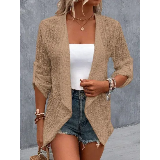 Buttoned Hollow Jacquard Solid Color Long Sleeves Loose Collarless Outerwear Buttoned Hollow Jacquard Solid Color Long Sleeves Loose Collarless Outerwear