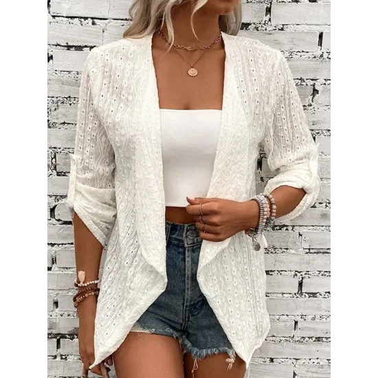 Buttoned Hollow Jacquard Solid Color Long Sleeves Loose Collarless Outerwear Buttoned Hollow Jacquard Solid Color Long Sleeves Loose Collarless Outerwear