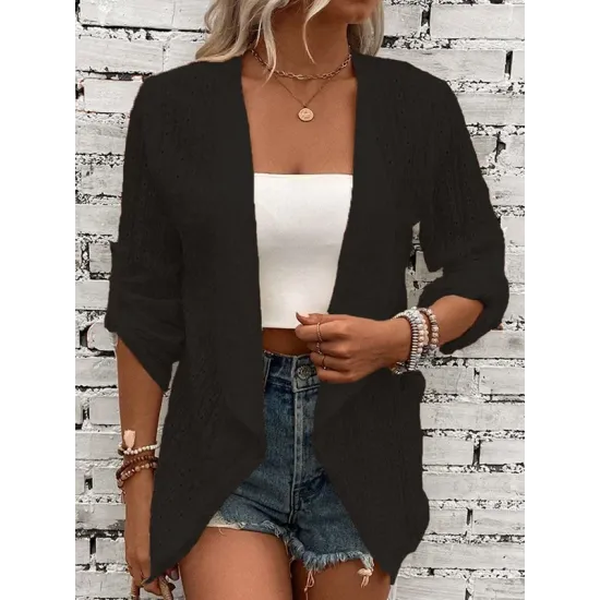Buttoned Hollow Jacquard Solid Color Long Sleeves Loose Collarless Outerwear Buttoned Hollow Jacquard Solid Color Long Sleeves Loose Collarless Outerwear