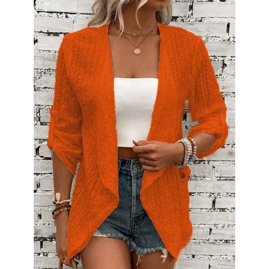 Buttoned Hollow Jacquard Solid Color Long Sleeves Loose Collarless Outerwear Buttoned Hollow Jacquard Solid Color Long Sleeves Loose Collarless Outerwear