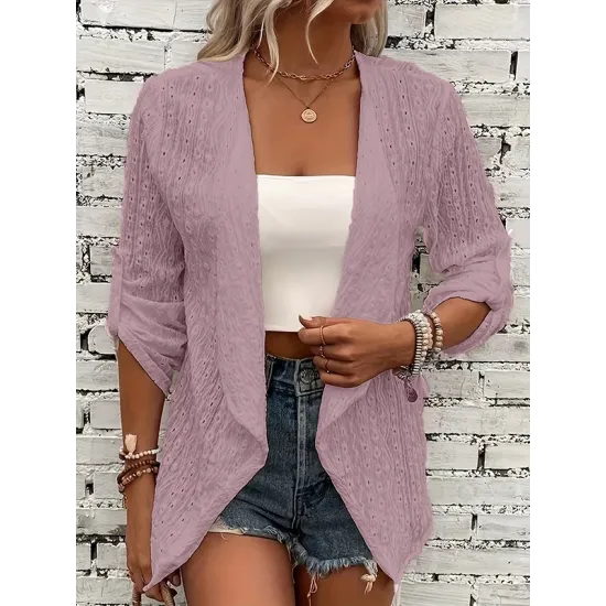 Buttoned Hollow Jacquard Solid Color Long Sleeves Loose Collarless Outerwear Buttoned Hollow Jacquard Solid Color Long Sleeves Loose Collarless Outerwear