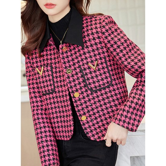 Buttoned Houndstooth Pockets Split-Joint Long Sleeves Plus Size Lapel Outerwear Buttoned Houndstooth Pockets Split-Joint Long Sleeves Plus Size Lapel Outerwear