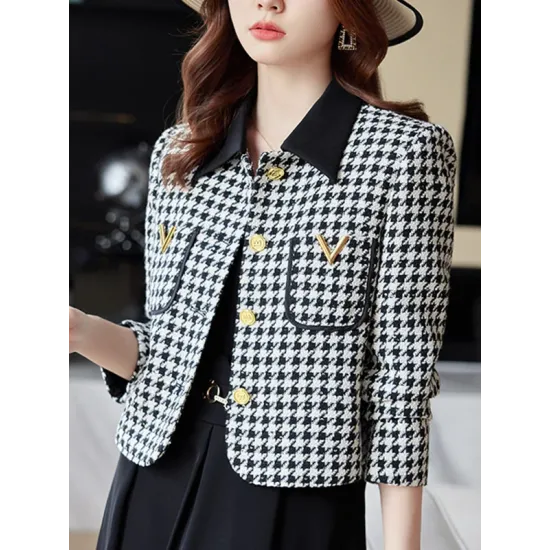 Buttoned Houndstooth Pockets Split-Joint Long Sleeves Plus Size Lapel Outerwear Buttoned Houndstooth Pockets Split-Joint Long Sleeves Plus Size Lapel Outerwear
