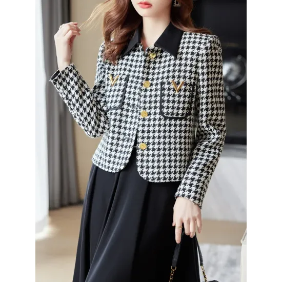 Buttoned Houndstooth Pockets Split-Joint Long Sleeves Plus Size Lapel Outerwear Buttoned Houndstooth Pockets Split-Joint Long Sleeves Plus Size Lapel Outerwear